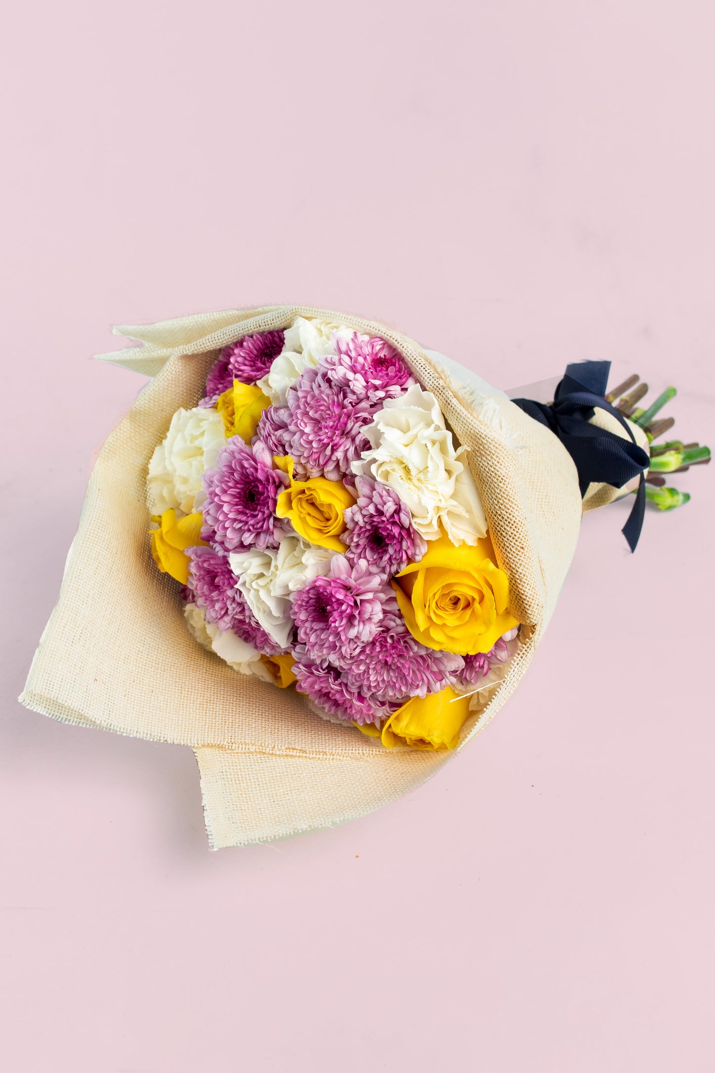 Yellow Rose, Carnation and Moreliana Bouquet - GDL Jute Wrap