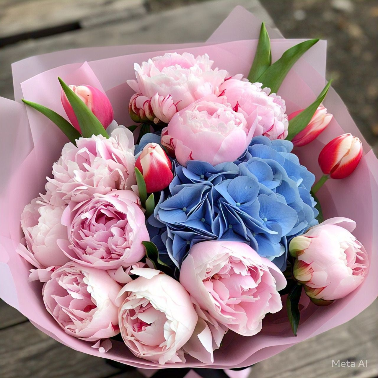 SPECIAL ORDER 10 peonies + 7 pink tulips + 5 hydrangeas