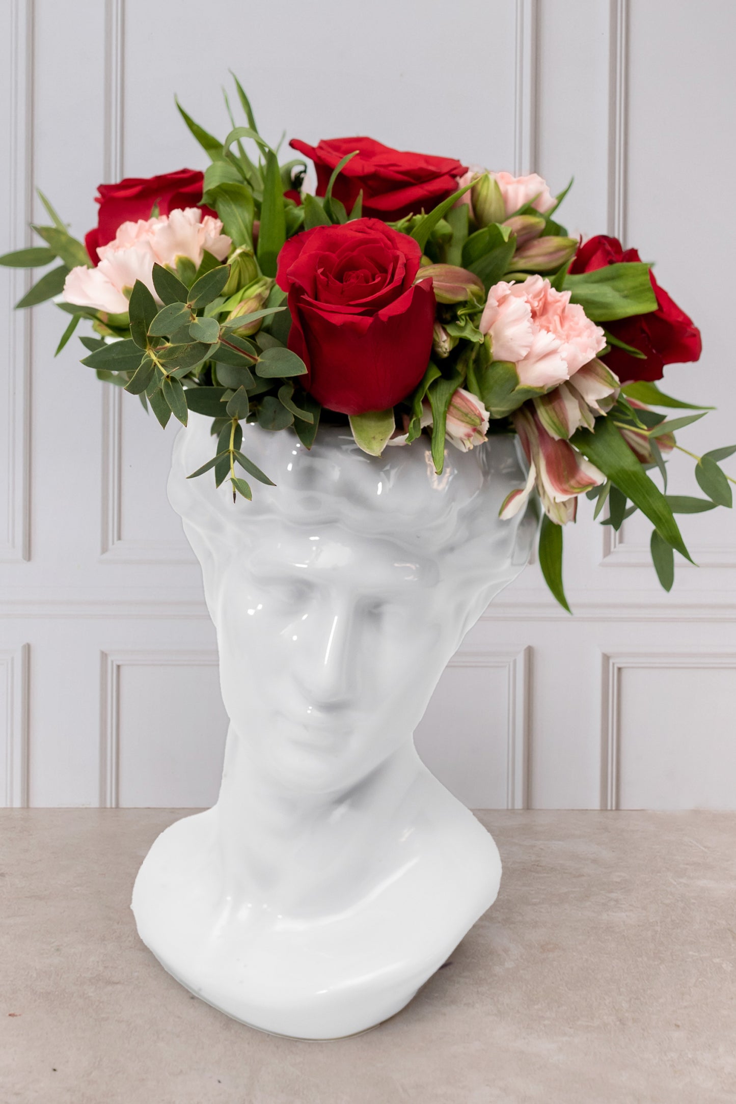 David's Head - Red Rose, Carnation and Alstroemeria.