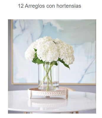 Pedido Especial: 12 Centros de Mesa con Hortensia Blanca, en Medio Cilindro de Cristal.
