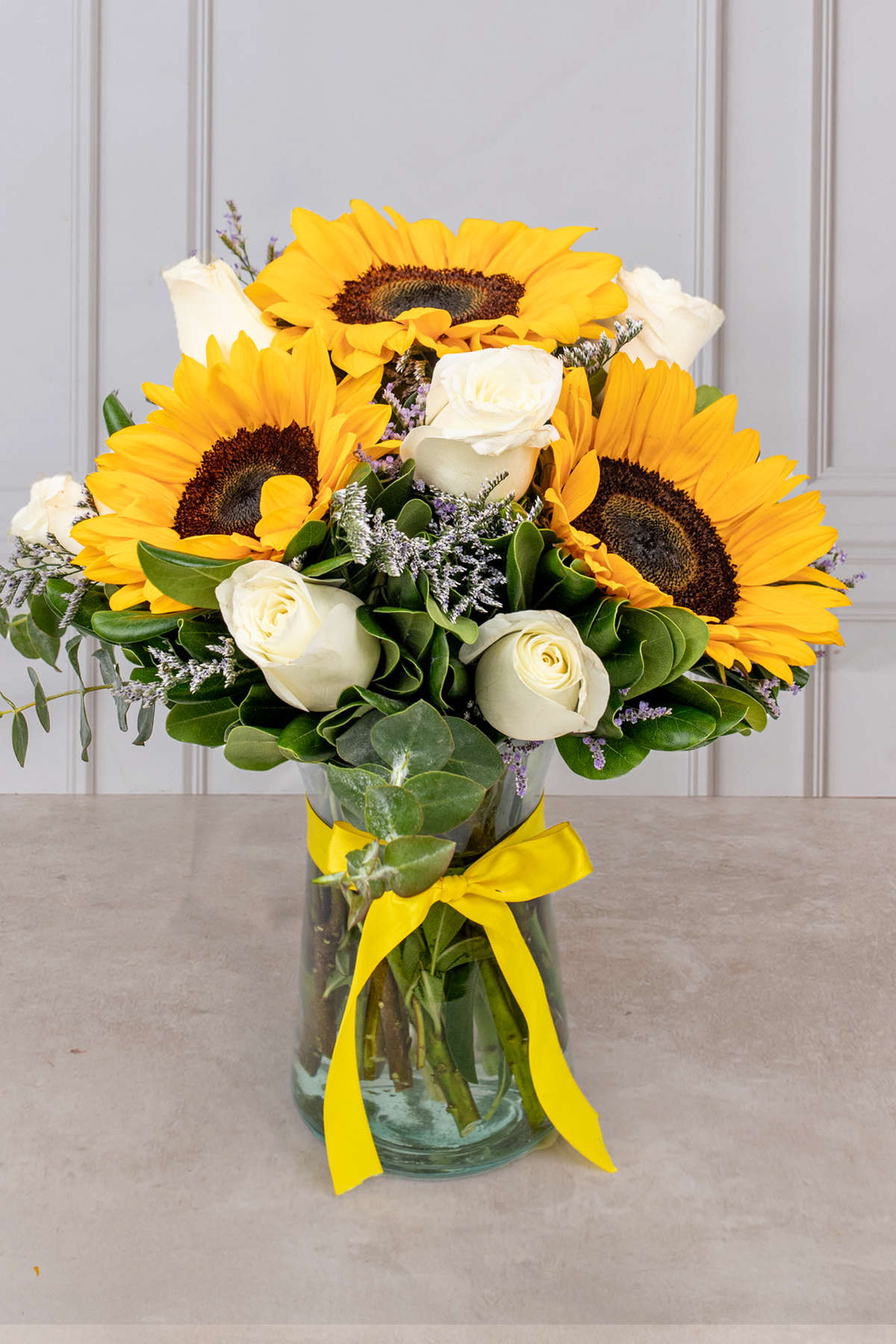 Sol Radiante / 3 Girasoles y Rosa Blanca | Verbena 21SF (A)