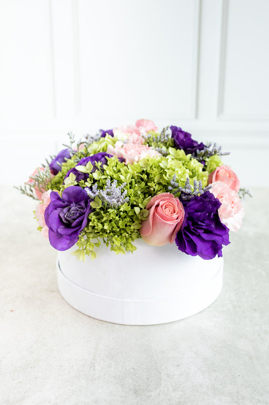 Corazón de melón - Caja de Flores, Rosa Clarita, Lisianthus, Clavel Rosa y Hortensia