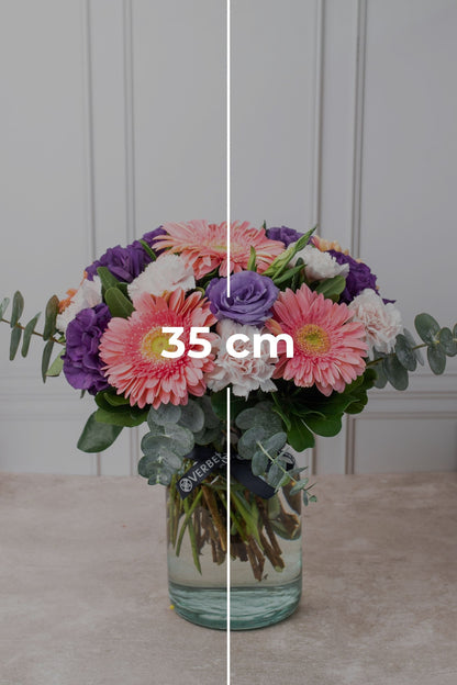 Coral / Gerbera Rosa, Lisianthus Morado y Clavel Rosa QRO