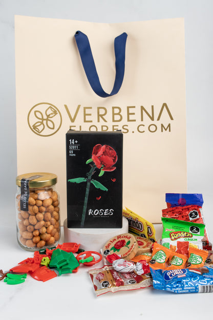 Rosa Roja- Bloques Para Armar Figura 3D, Cacahuates y Dulces