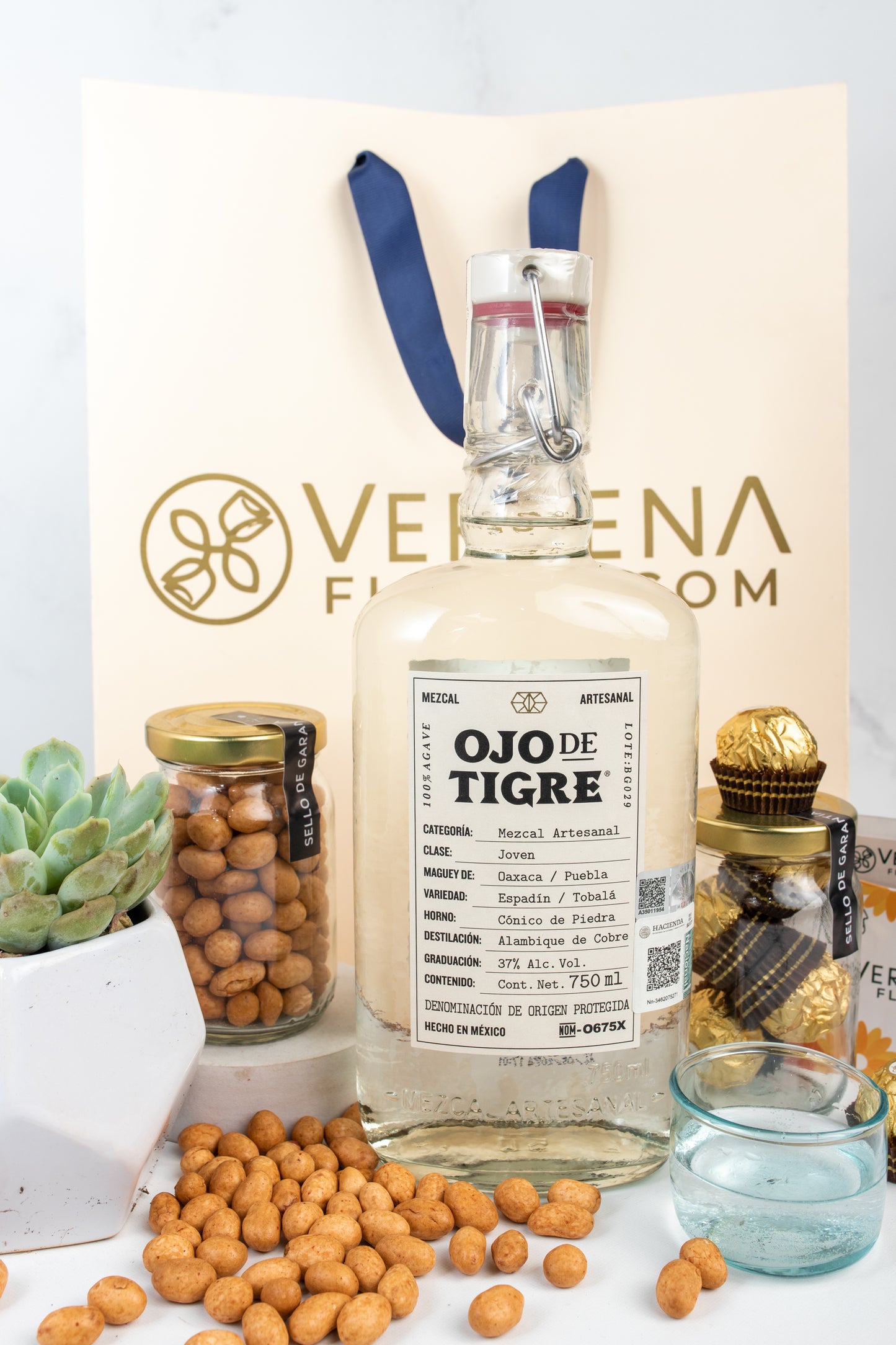 Selva y Mezcal - Kit Ojo de Tigre 750 ml, Ferreros, Cacahuates y Suculenta