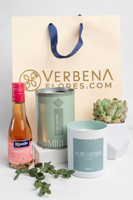 Kit Vela Mirium Light Sapphire - con Vino Rosado y Suculenta