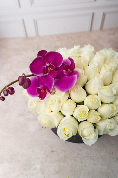 Dulce Mora // Caja Rosa Blanca con Orquídea Morada