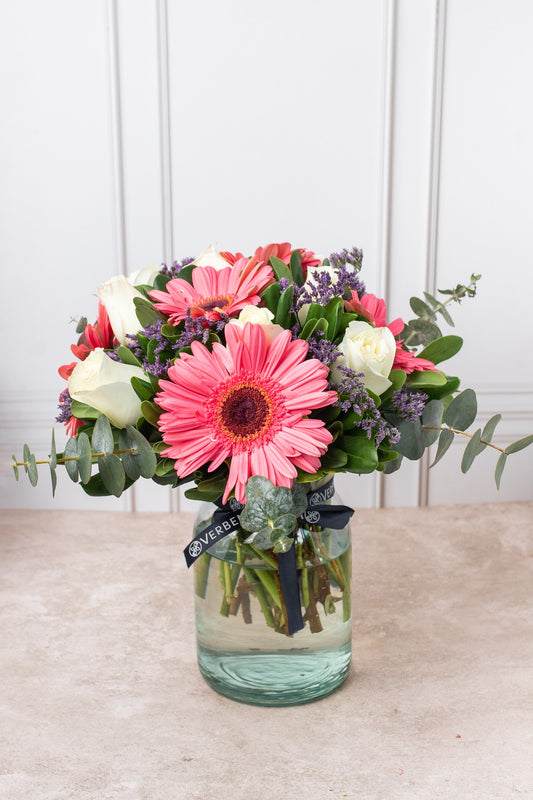 Rosa Pastel / Gerbera Rosa con Rosa Blanca QRO