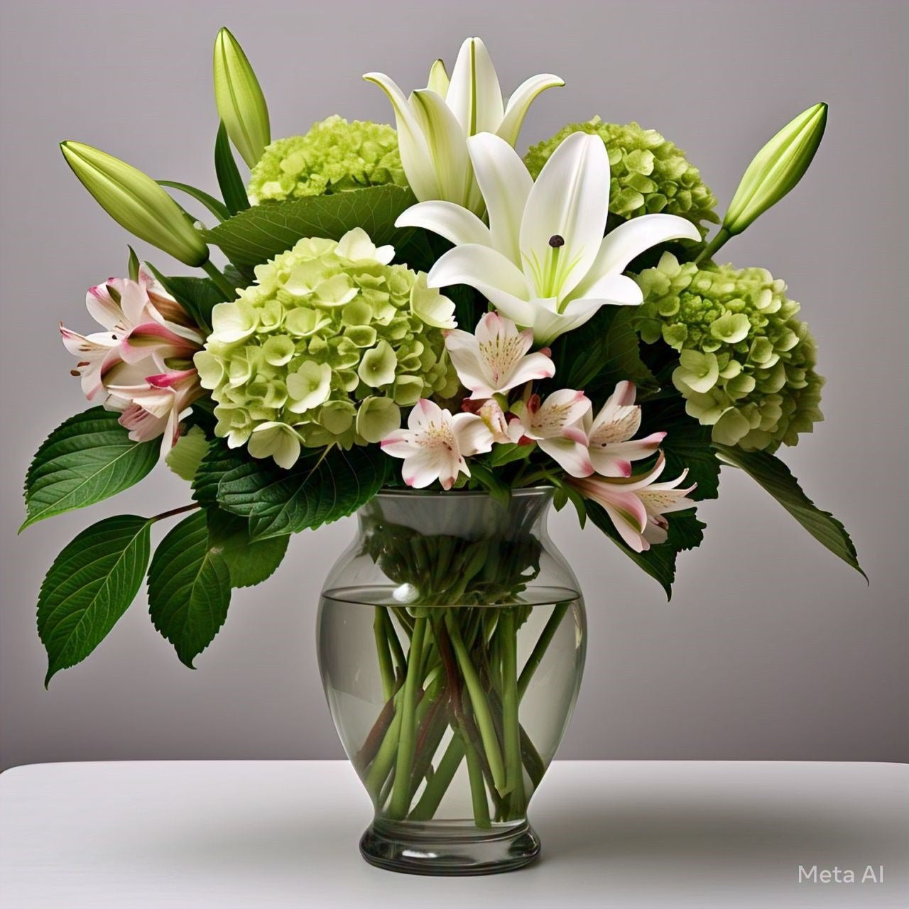 2 Arreglos de Hortensia, Lilium Blanca y Rosa y una Flor de Cuna de Moises.