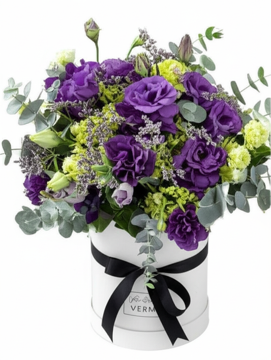 SPECIAL ORDER Purple Lisianthus 10, Green Hydrangea 10, Limonium 10, Dollar 14 In White Box &amp; 8 Light Pink Roses.