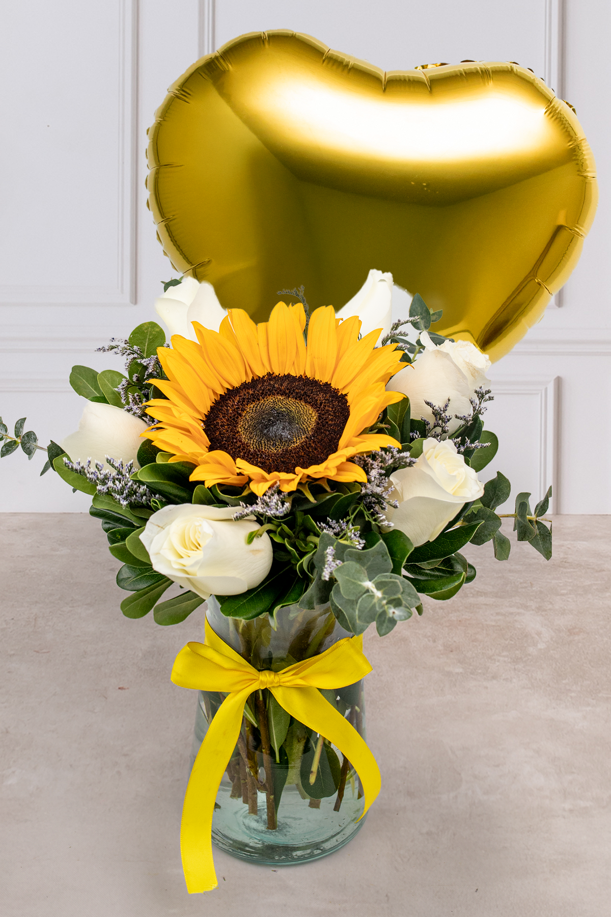 Globo Corazón Amarillo Puesta de Sol - 1 Girasol y Rosa Blanca | Verbena 21S