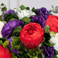 Rojo Mora - Peonia Roja, Lisianthus Morado y Clavel Blanco