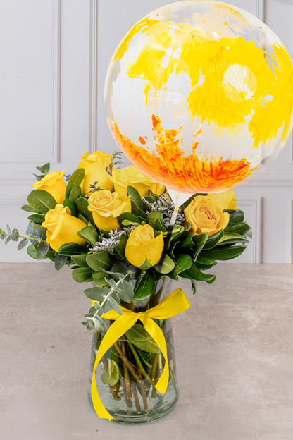 Globo Explosión Amarillo con Suspiro de Sol - 12 Rosas Amarillas | Verbena 21S