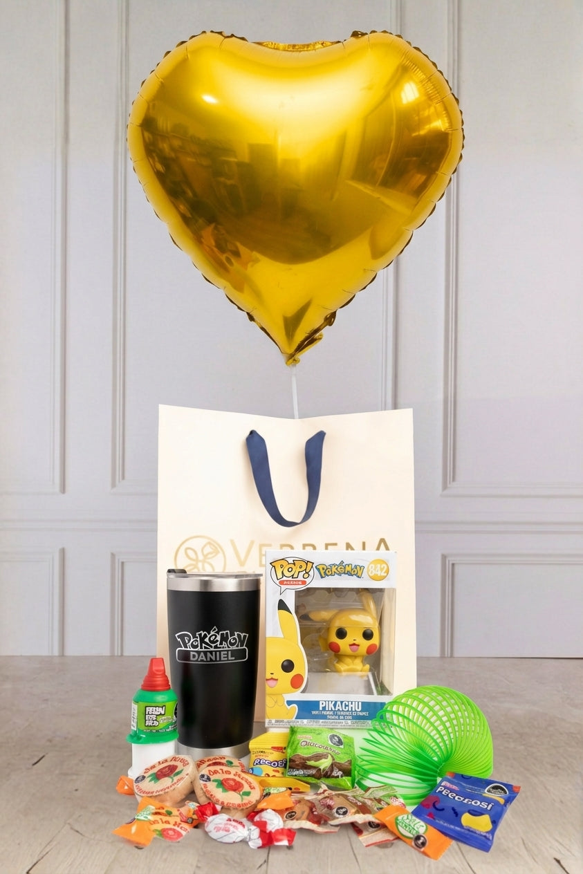 Kit Pokémon - con Termo Personalizado y Globo Corazón Amarillo