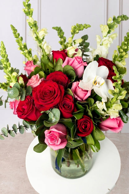 Heartbeat - Arrangement of Red and Pink Roses with Orchid